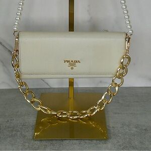 Prada Saffiano Leather Double Snap Wallet Beige w/ Pink Interior, COA included